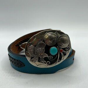 Chambre Leather Belt Blue Western With Buckle Buffalo Nickle Eagle Silver Red